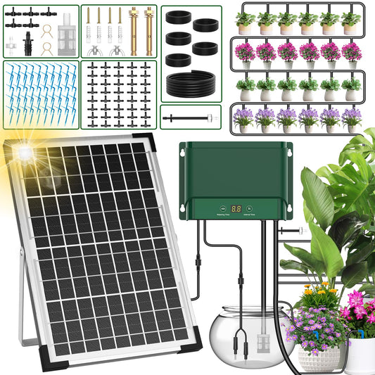AnseTo Solar Irrigation System 10W for Automatic Plants Watering, Summer Garden Drip Irrigation Kit for Solar Garden Drip Irrigation System,Supported Irrigation System Kit for Plant Bed,Green House