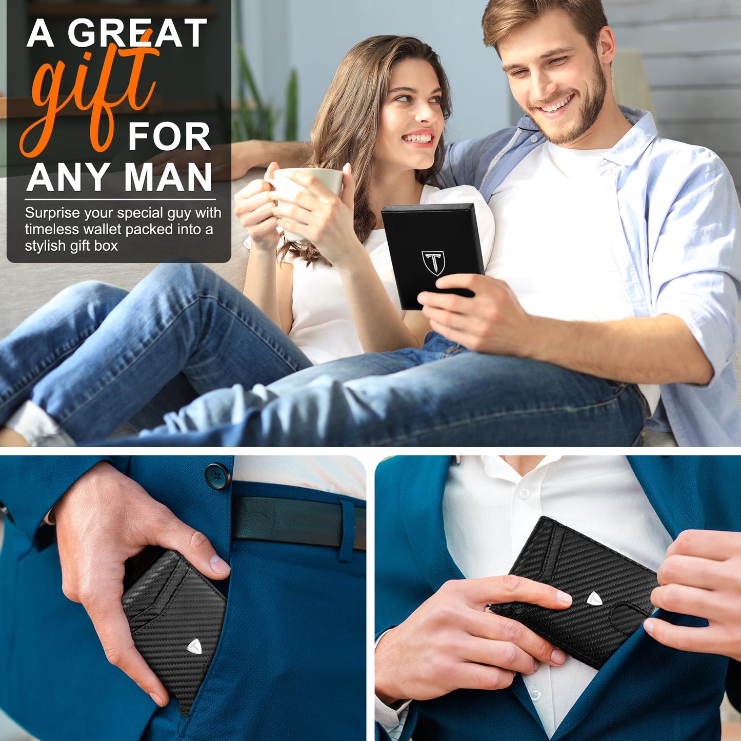 TEEHON Mens Wallets Slim RFID Blocking Carbon Fiber Leather Wallet with up to 12 Credit Card Holder, Strong Money Clip & ID Window Minimalist Bi-Fold Wallets for Men UK with Gift Box - Black