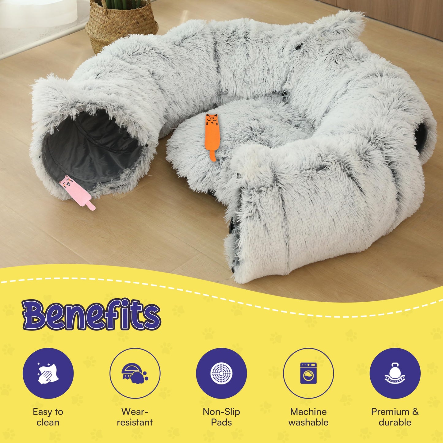 PurrPuff Cat Tunnel Bed Cave with Catnip Toys - Peekaboo Cat Hideaway & Cat Donut Tunnel - 3-in-1 Cat Tunnels for Indoor Cats - Foldable Cute Cat Bed - 32" Washable