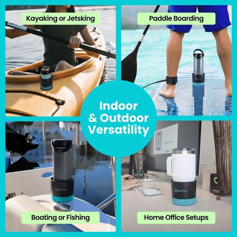 SquidCup Non-Tipping, Anti-Spill Cup Holder for Boats, Kayaks, SUPs, RVs, Fishing & Camping | Universal 12–30 oz Fit | BPA-Free, Optional SquidDisk Mount Included for Textured Surfaces (Black/Teal)