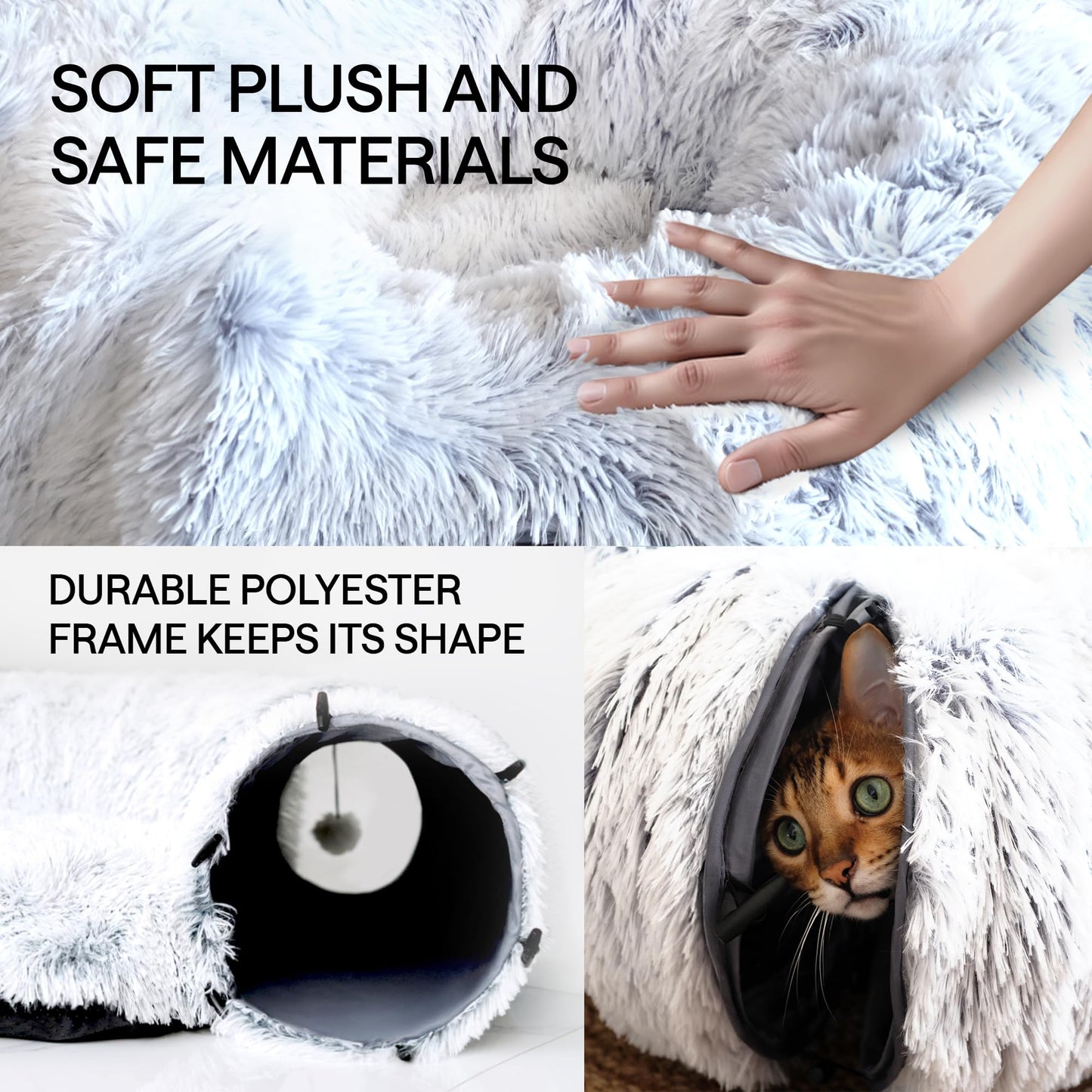 Cat Tunnel Bed with Cat Toys for Bored Indoor Adult Cats – Includes 1 Laser Paw, 1 Ball, and 2 Hollow Tunnels to Form Big Donut Shaped Tube - Can Be Used as Peekabo Cave or Comfy Pet Bed