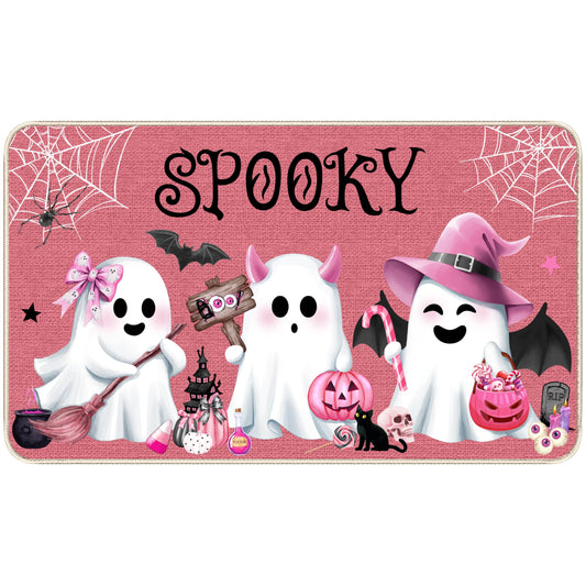 Halloween Doormat Cute Ghosts Door Mat Pink Non-Slip Indoor Outdoor Floor Rug Fall Halloween Holiday Spooky Entryway Decoration for Home, Party & Porch, 17 x 29 Inch