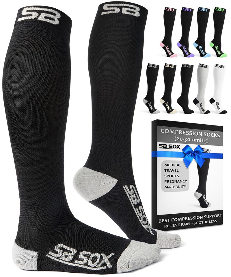 SB SOX Compression Socks for Men & Women (20-30mmHg) – Best Compression Socks for Flying, Medical, Sports, Wide Calf Fit, and Daily Wear (Black/Gray, Large)