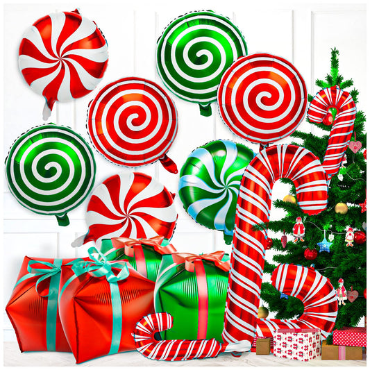 32Pcs Christmas Balloons, Christmas Candy Cane Foil Balloons with Ribbons, Red Green Mylar Balloon for Party Decorations