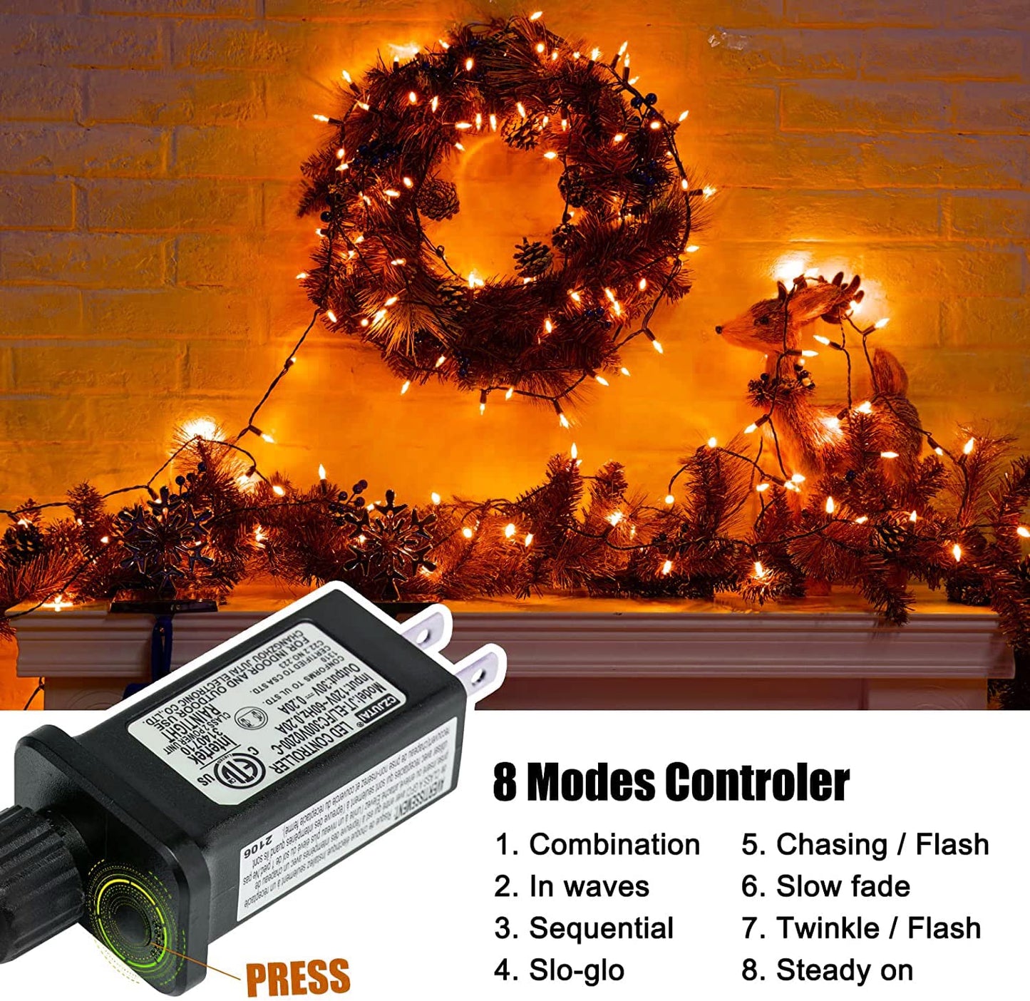 Orange LED Outdoor Halloween Lights, Halloween Decorations, 39 FT 100 LED Mini Lights with 8 Lighting Modes,Connectable String Light Plug in for Garden Patio Party Haunted House Ghost Holiday Decor