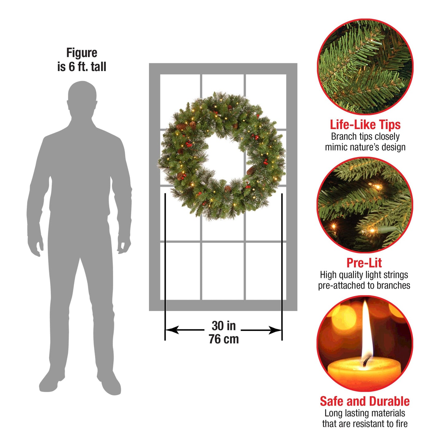 National Tree Company 30 in Pre-Lit Crestwood Spruce Artificial Christmas Wreath, Christmas Decoration with Glitter, Pinecones, Red Berries, 70 Clear Lights, 200 Tips, Green
