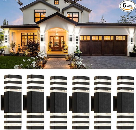 tewei 6 Pack Up and Down Outdoor Wall Lights, 3-layer Black Modern Exterior Light Fixture Wall Mount Outside Light for House, IP65 Waterproof Aluminum Outdoor Wall Sconces for Garage Porch Patio,3000K