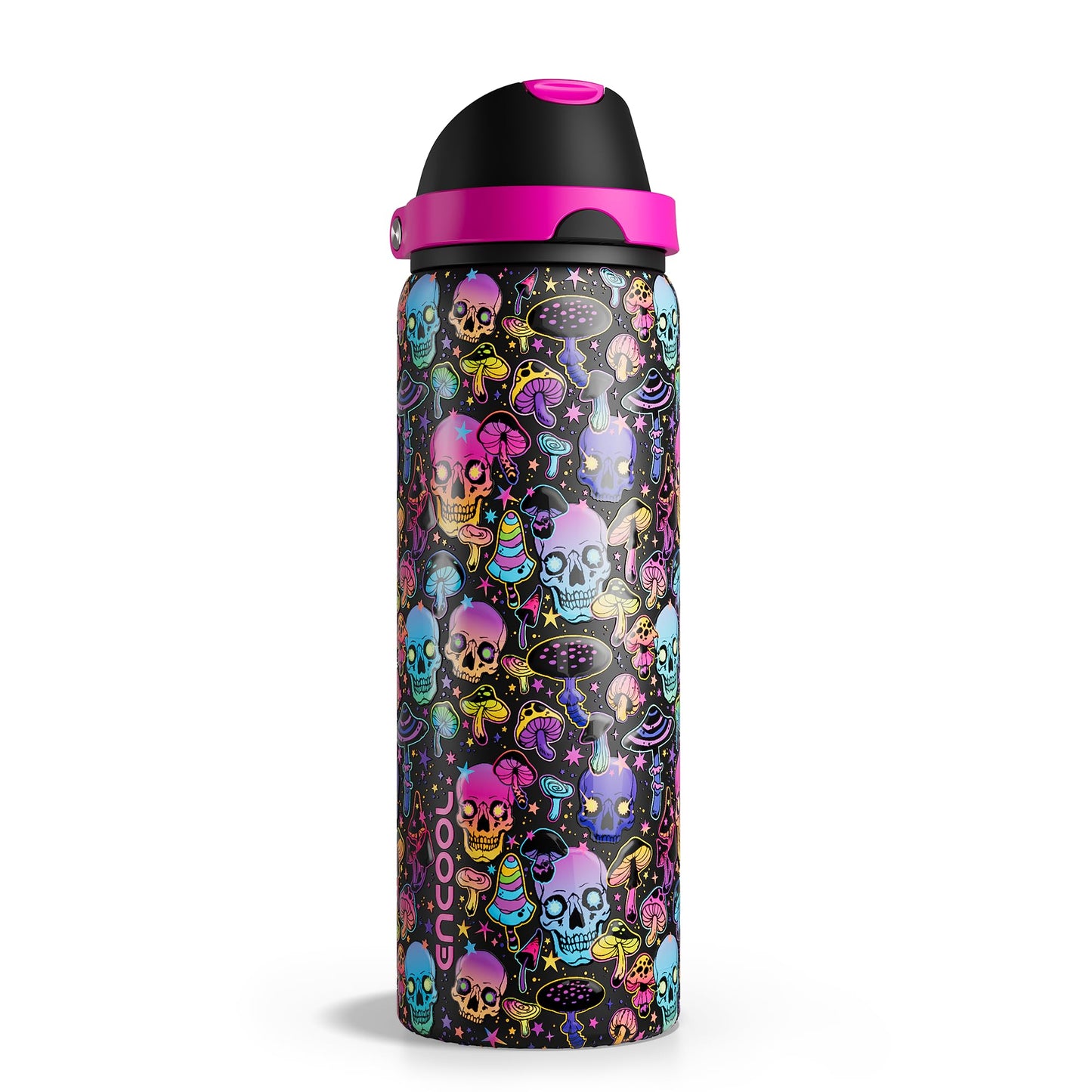Halloween Insulated Water Bottle with Straw - Stainless Steel Water Bottle with Push Button Lid, Leak-Proof BPA-Free, Keeps Cold for 24 Hours for Halloween gifts, Party (32 oz, Trippy Skulls)