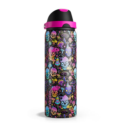 Halloween Insulated Water Bottle with Straw - Stainless Steel Water Bottle with Push Button Lid, Leak-Proof BPA-Free, Keeps Cold for 24 Hours for Halloween gifts, Party (32 oz, Trippy Skulls)