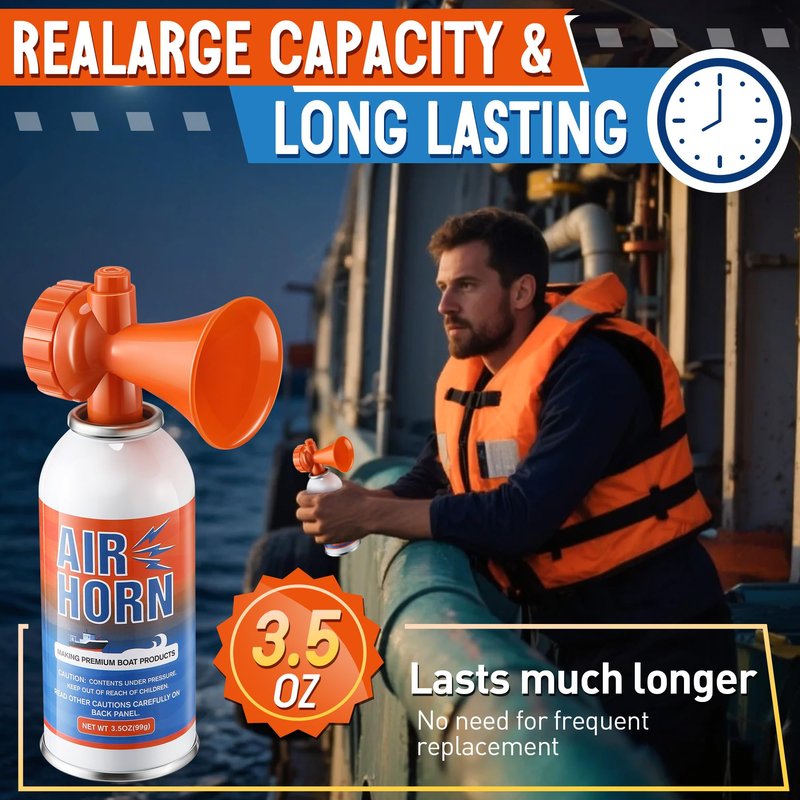 HappyAlley 2 Pack Large Air Horn for Safety 3.5oz, 122dB Very Loud Marine Air Horn for Boat, Coast Guard Approved, Great for Boat & Marine Safety, Sporting Events, Travels, Hiking (Orange)