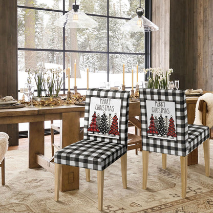 Horaldaily 4PCS Christmas Dining Chair Covers, Black Buffalo Plaid Trees Stretch Removable Washable Slipcover Chair Protector for Dining Room Home Decor