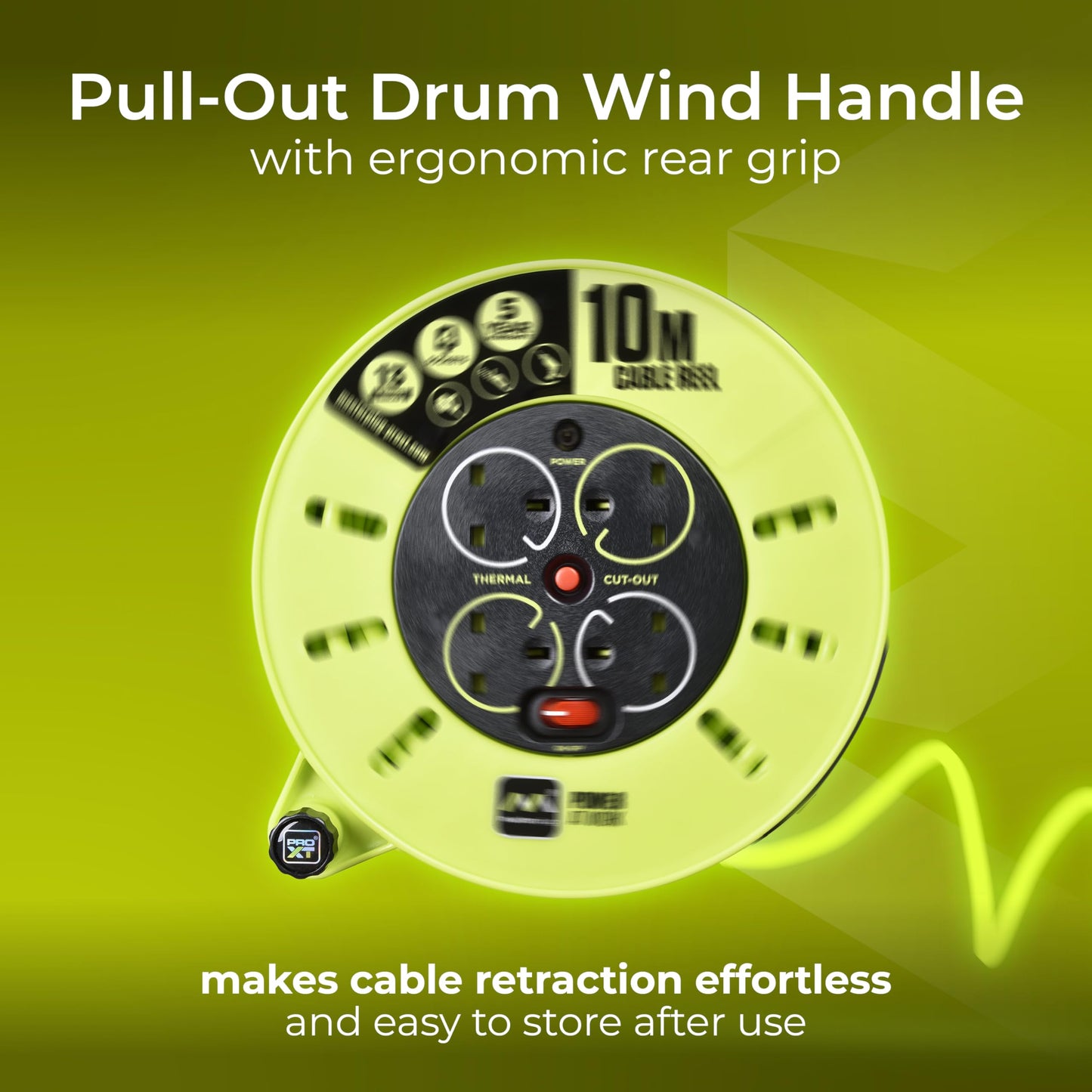 Masterplug Premium 4 Socket Cassette Reel with 10 Metre High-Vis Cable, Heavy Duty Power Cable Extension Reel, Thermal Cut-Out & Power Indicator, Medium, Pro-XT, Grey/Green, 13A, 4G, 10m, CMU10134SL