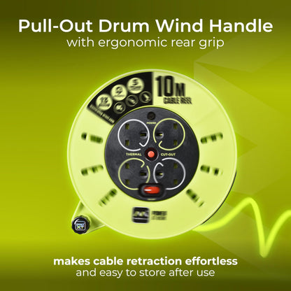 Masterplug Premium 4 Socket Cassette Reel with 10 Metre High-Vis Cable, Heavy Duty Power Cable Extension Reel, Thermal Cut-Out & Power Indicator, Medium, Pro-XT, Grey/Green, 13A, 4G, 10m, CMU10134SL