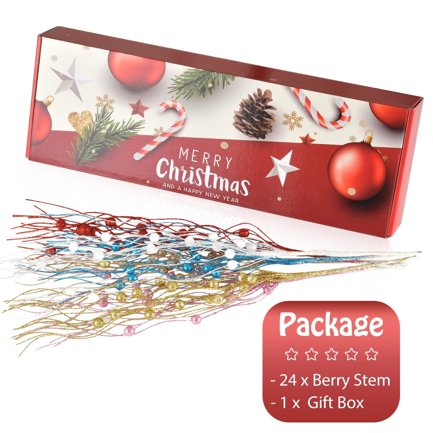 Losris Christmas Artificial Glitter Berry Stem Decorations Decorative Bead Sticks Xmas Picks Glittery Twigs Branches for Christmas Tree Wreath Gift Vase Decor Party Ornaments White 24 PCS
