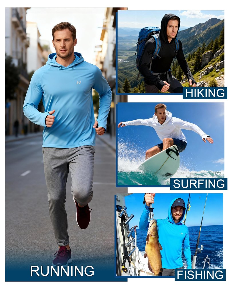 isnowood Sun Shirt UPF 50+ Men's Fishing Long Sleeve UV Protection Hoodie Hiking Rash Guard Swimming Running Blue