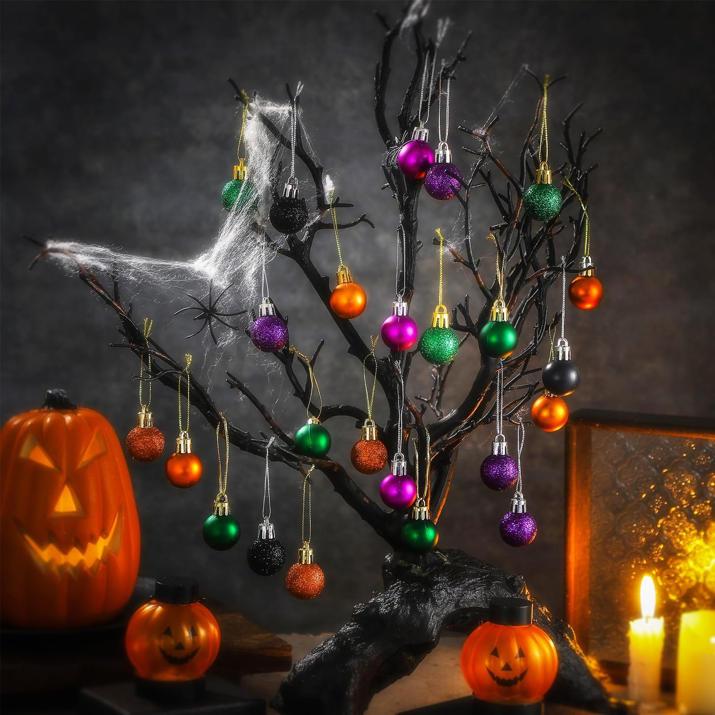 80 Pcs Mini Halloween Ball Ornaments 1" Halloween Hanging Glitter Ball Halloween Tree Ball Ornaments Shiny Tree Plastic Ball Decorations for Halloween Christmas Party Tree Decor(Halloween Style)