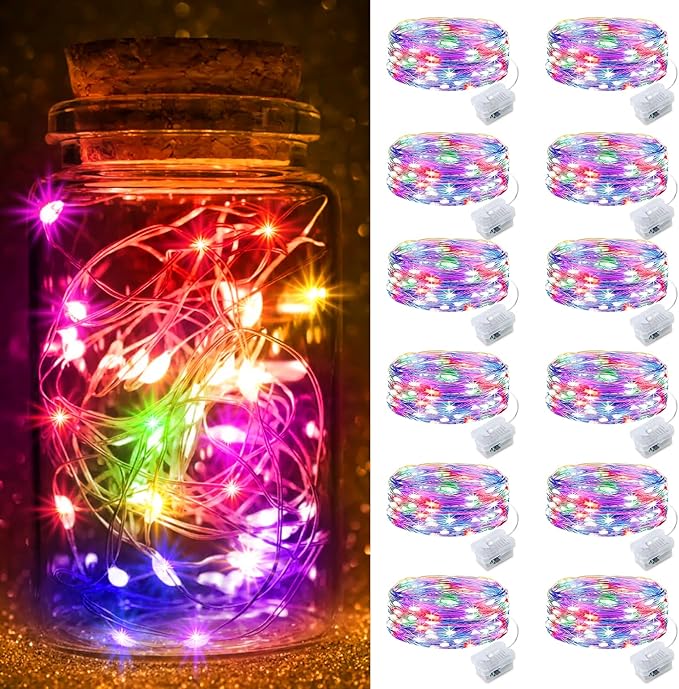 pozzolanas 12 Pack Multi-Colored Fairy Lights Battery Operated 3 Modes 7FT 20 LED Waterproof String Lights Twinkle Silver Wire for Mason Jars Wedding Christmas Halloween Decor (12, Multi-Colored)