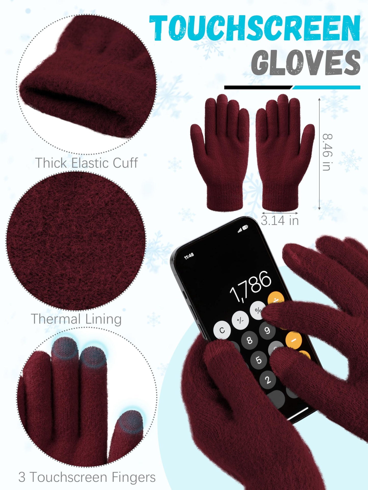 Winter Beanie Hat Scarf Gloves, Warm Fleece Knit Hat Long Scarf Neck Warmer Touch Screen Winter Gloves Set Gifts for Women Wine Red