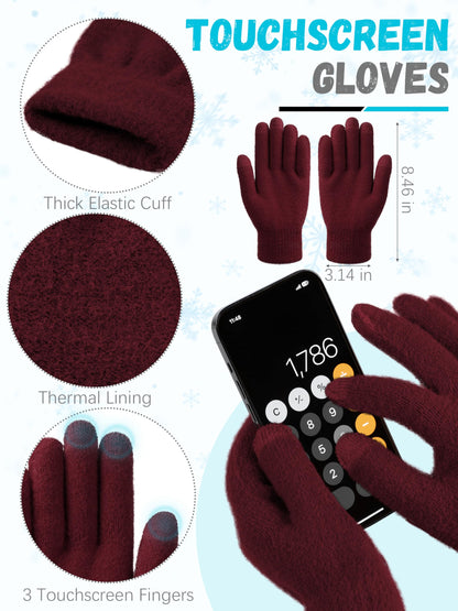 Winter Beanie Hat Scarf Gloves, Warm Fleece Knit Hat Long Scarf Neck Warmer Touch Screen Winter Gloves Set Gifts for Women Wine Red