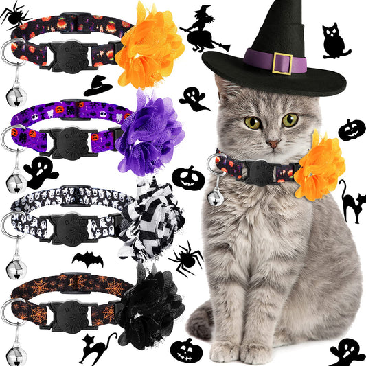 4 Pieces Halloween Cat Collar Breakaway Cat Collars with Bell and Removable Flowers Pumpkin Ghost Kitty Collars Quick Release Adjustable Pet Collar for Cat