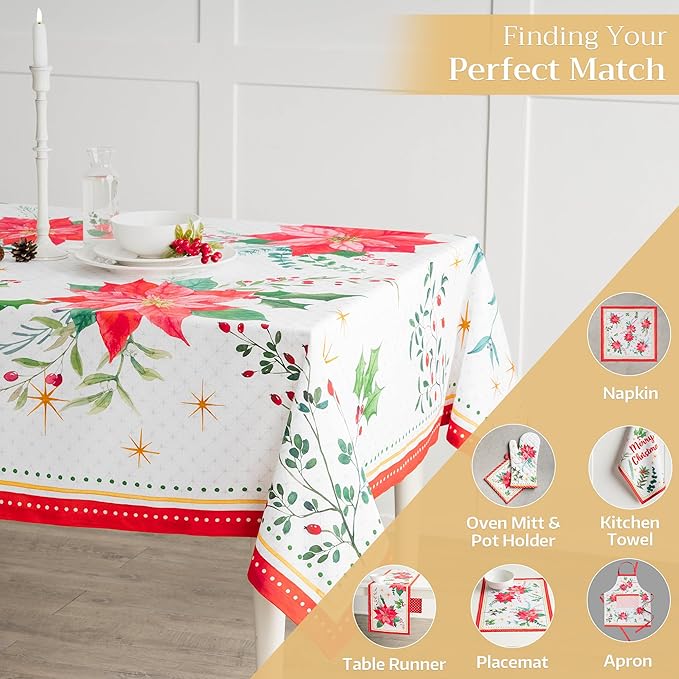 Maison d' Hermine Table Cloth Rectangle Table 100% Cotton 70 x 140 Inches Fall Tablecloth Reusable Everyday Use for Thanksgiving Christmas Decorations Dining Farmhouse Party (Poinsettia Christmas)