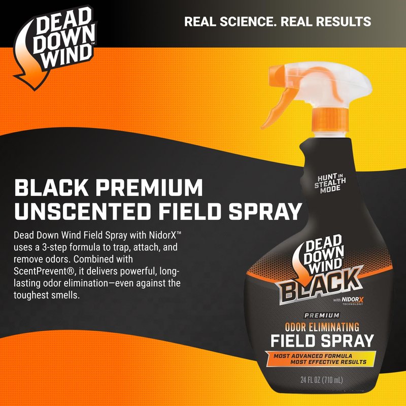 DEAD DOWN WIND Black Premium Field Spray Bottle - Odor Fighting Hunting Scent Control Spray - Safe for Sensitive Skin - Easy to Use for Hunting Gear & Clothing (12 oz)