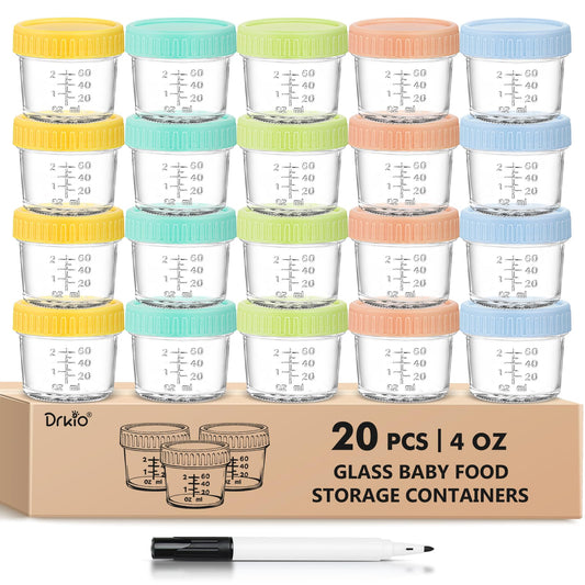 DRKIO 20 Pack Glass Baby Food Storage Containers 4 Oz Baby Food Jars with Lids Baby Food Maker Microwave Dishwasher Freezer Safe 100% Leak-Proof BPA Free