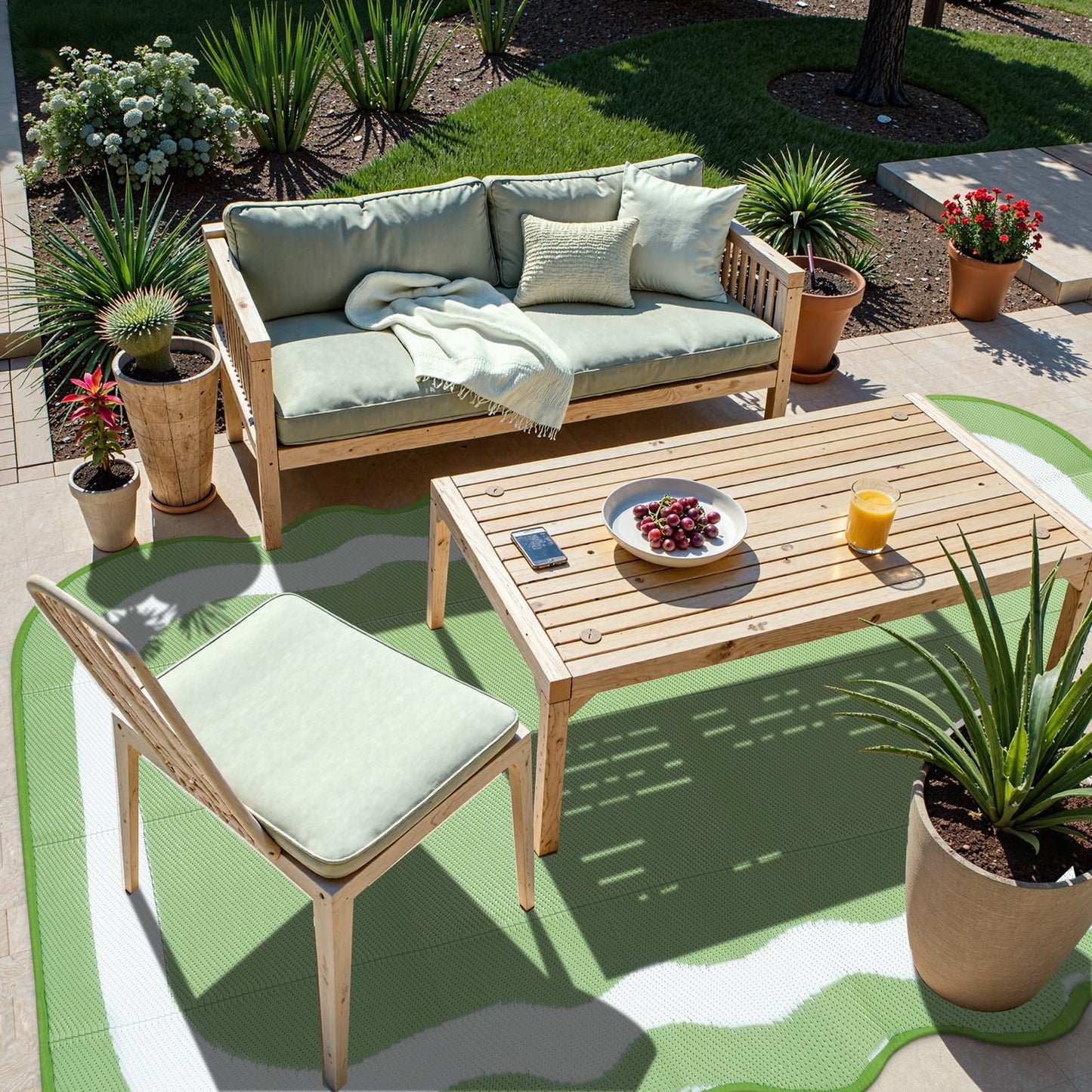 Uphome Outdoor Rug Waterproof 6x9, Reversible Green Scalloped Patio Plastic Straw Rugs, Foldable Modern RV Camping Outside Carpet Mat for Pool Back Yard Deck Picnic, 6 x 9 ft