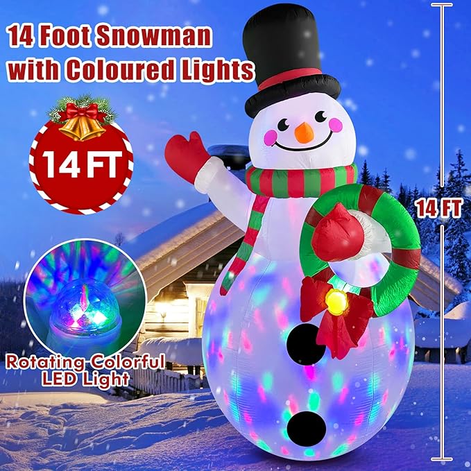 Danxilu 14FT Giant Christmas Inflatables Snowman Holding Garland Built-in Rotating LED Lights, Xmas Blow Up Inflatable Snowman Outdoor Decoration for Yard Lawn Garden Patio Holiday Party