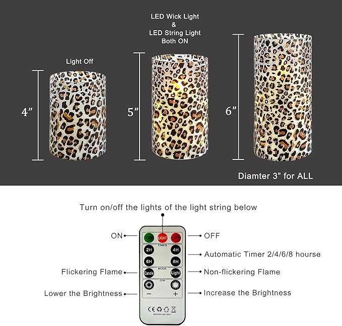 Flickering Flameless Candles Leopard Print Embedded Star String Lights, Battery Operated Acrylic LED Pillar Candles with 11-Key Remote and Timer for Home Decoration, 3 Pack