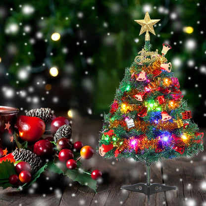 Mini Christmas Tree, 2ft Tabletop Small Christmas Tree with Lights, Hanging Ornaments and Star Treetop, Xmas Decoration Tree Decor