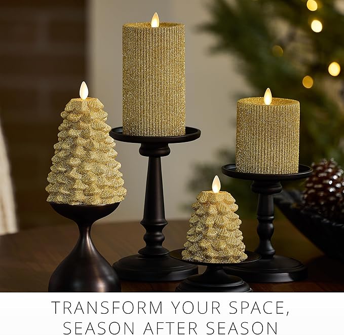 Luminara Rich Gold Glitter Ribbed Flameless LED Candle Moving Flame Pillar, Real Wax, Flat Top, Timer (3.25" x 4.5")