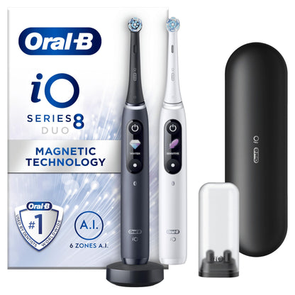 Oral-B iO8 2x Electric Toothbrushes For Adults, Gifts For Women / Men, App Connected Handles, 2 Toothbrush Heads & Travel Toothbrush Set, 6 Modes, 2 Pin UK Plug, Black & White, Oral B IO Toothbrush