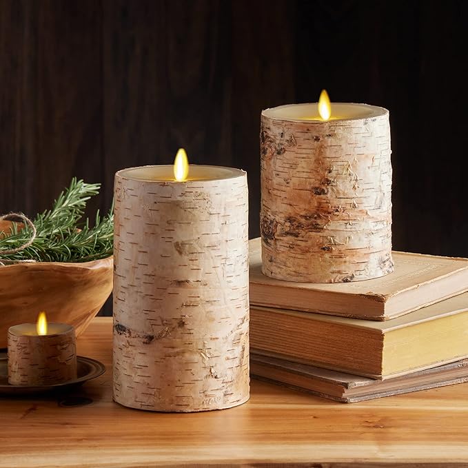 Luminara Realistic Artificial Flame Pillar Candle Wrapped with Real Birch Bark - Moving Flame LED Battery Operated Lights - Unscented - Remote Ready - Remote Sold Separately - 4.0" x 7.0"