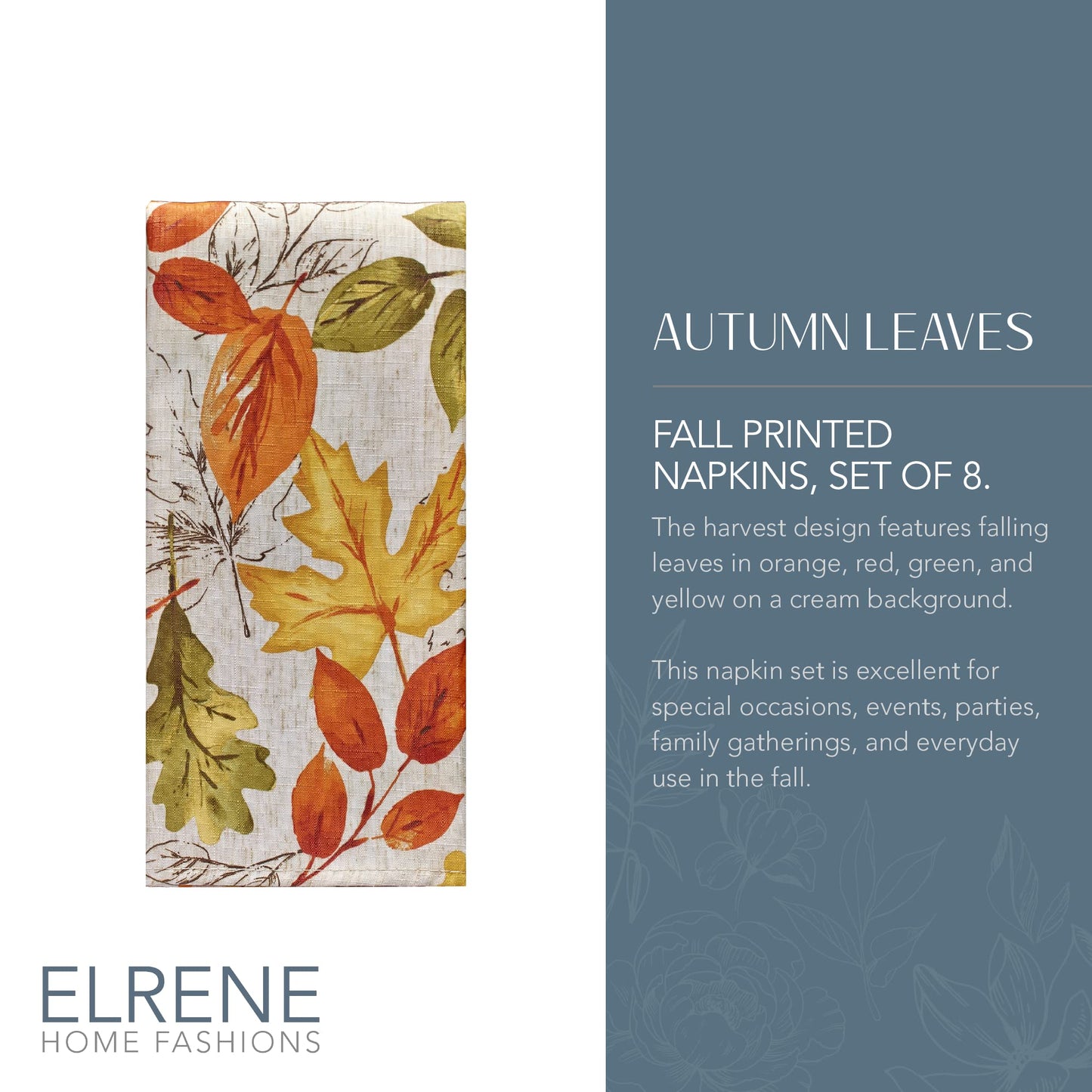 Elrene Home Fashions Autumn Leaves Printed Fall Cloth Dinner Napkins, 17" x 17", Set of 8