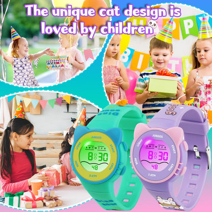 Juboos Kids Digital Watch,Watches for Girls Boys,Children's Waterproof Wrist Watches with Print and Colourful Lights,Toddler Watch with Cat Ears for Boys Girls (Orchid)