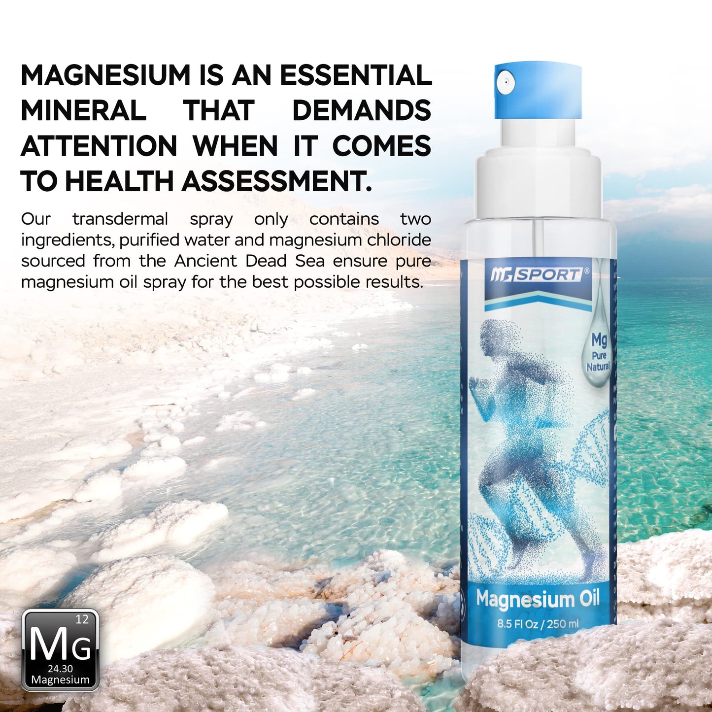 High Absorption Pure Magnesium Oil Spray – 250 ml – 100% Pure Magnesium Chloride from The Dead Sea, Without Preservatives – Supports Sleep, Muscle Recovery and Leg Cramps