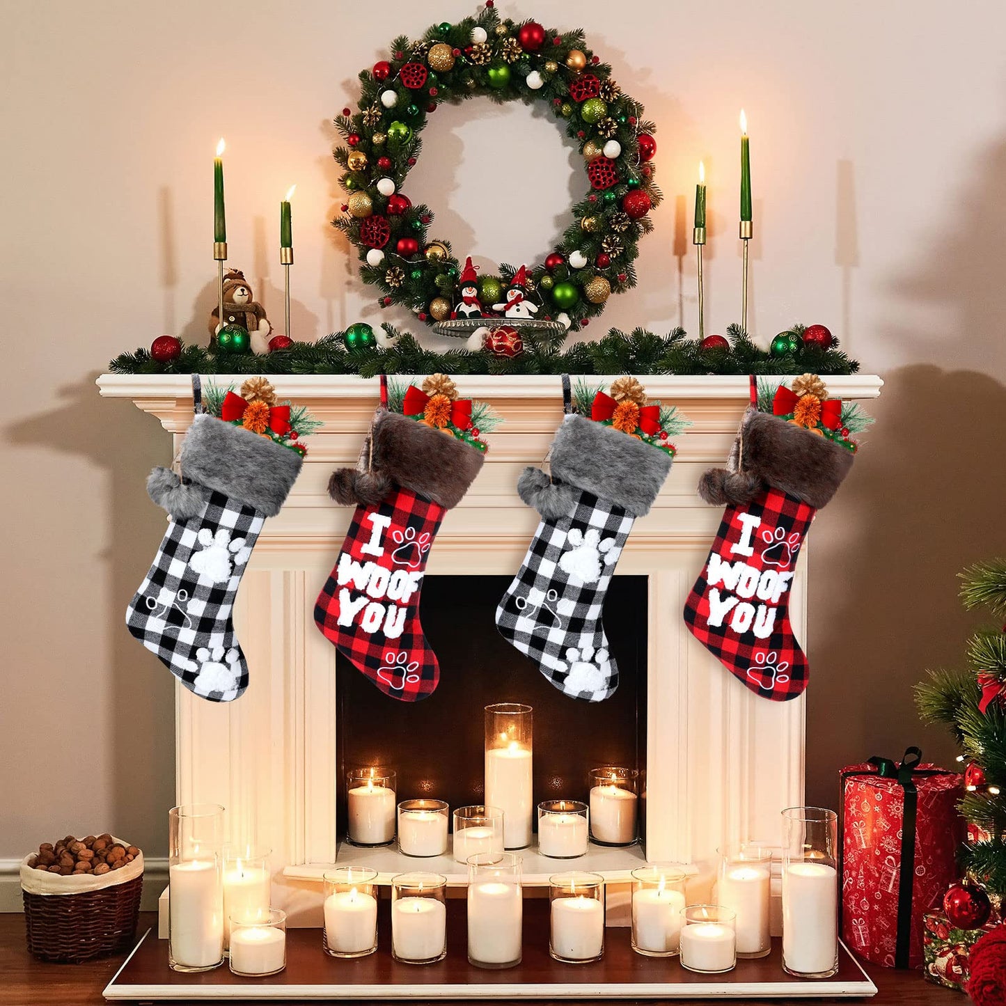 Skylety 2 Pieces Christmas Pet Dog Stocking 20 Inch Buffalo Plaid Christmas Stockings Plush Faux Fur Cuff Christmas Hanging Ornament with Letter and Dog Paw for Xmas Decoration (Black Red,Black White)
