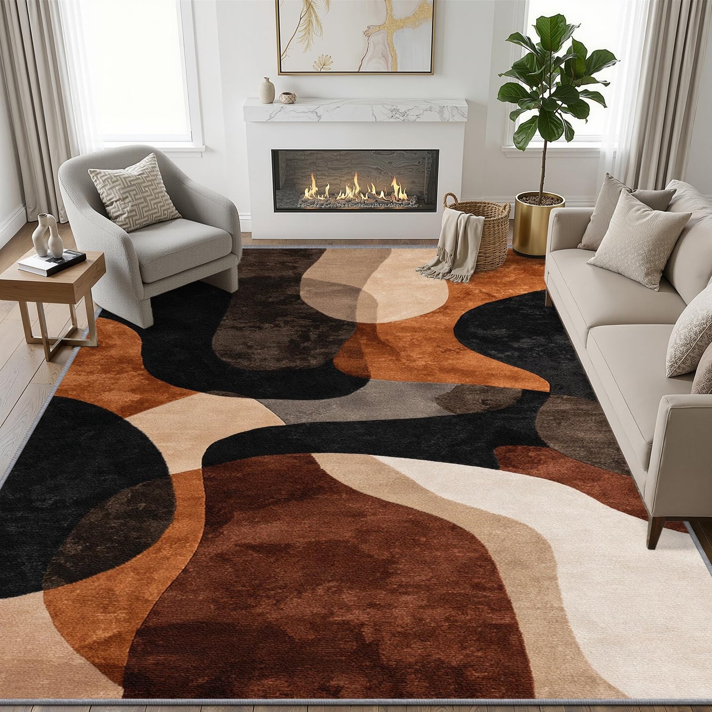 Phtbz Modern Abstract Rugs for Living Room - 7x9 ft, Earth Tone Geometric Rug, Brown Abstract Mid Century Rugs for Living Room Bedroom, Geometric Washable Area Rug Soft Carpet, Mid Century Decor
