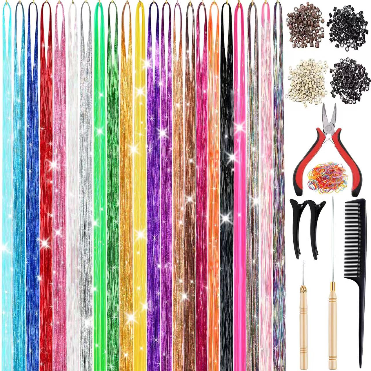 CHENZI 22 Colors 7700 Strands Hair Tinsel Kit, 48 Inch Glitter Tinsel Hair Extensions for July Fourth Christmas New Year Halloween Cosplay, Heat Resistant Fairy Hair Accessories for Girls, Kids, Women