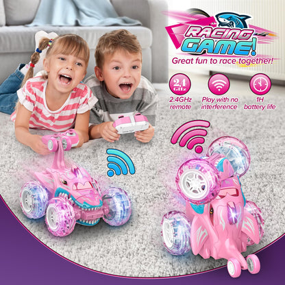Dislocati Girls Remote Control Cars 360°Flips LED Flash Light Monster Truck Toys Age 5 6 7 Girls Birthday Presents Outdoor Stunt Car
