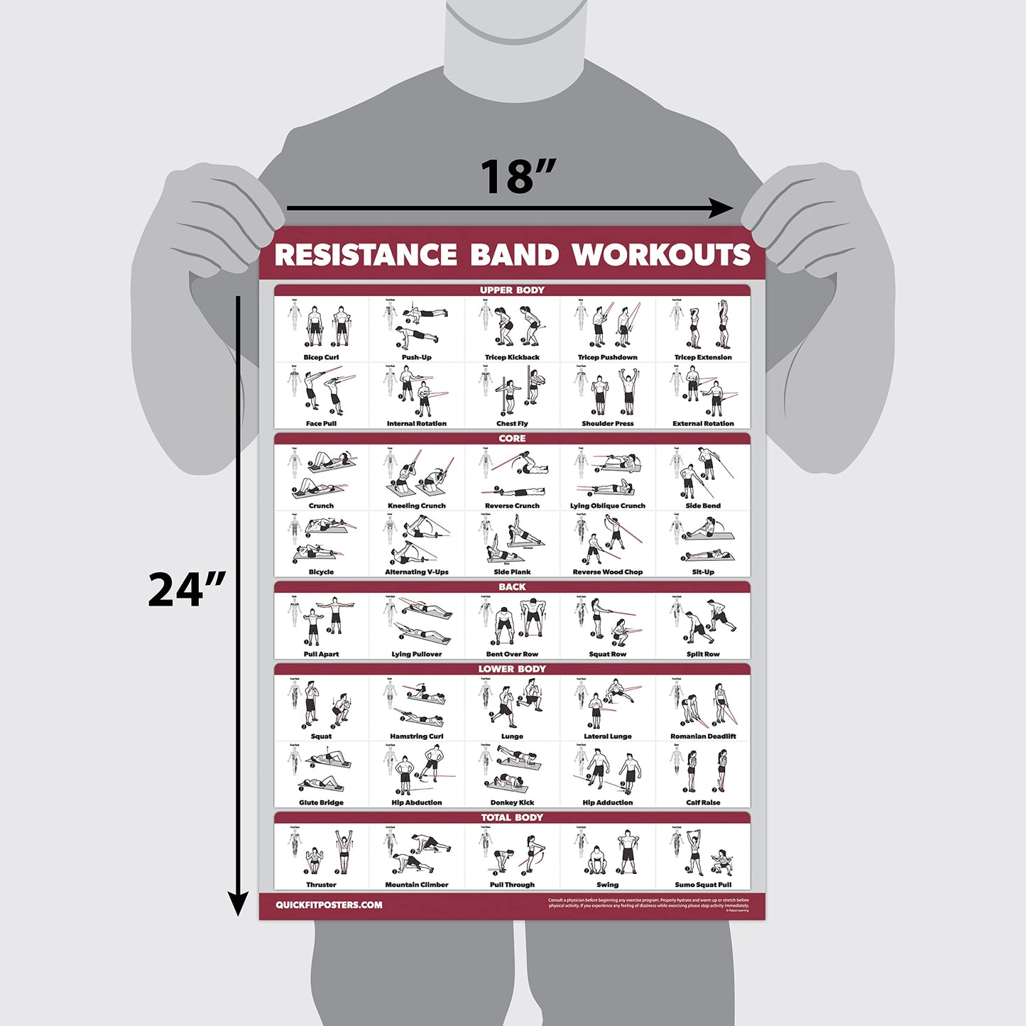 QUICKFIT Resistance Bands Workout Exercise Poster - Double Sided (Laminated, 18" x 27")