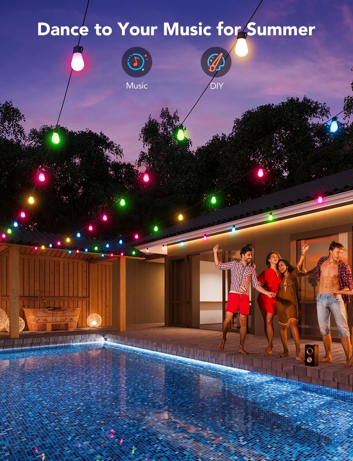 Govee Smart Outdoor String Lights H7015, 48ft RGBIC Outdoor Lights with 15 Dimmable LED Bulbs, IP65 Waterproof, Color Changing Warm White Lights with 47 Scene Modes for Patio, Backyard, App Control