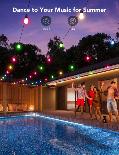 Govee Smart Outdoor String Lights H7015, 48ft RGBIC Outdoor Lights with 15 Dimmable LED Bulbs, IP65 Waterproof, Color Changing Warm White Lights with 47 Scene Modes for Patio, Backyard, App Control