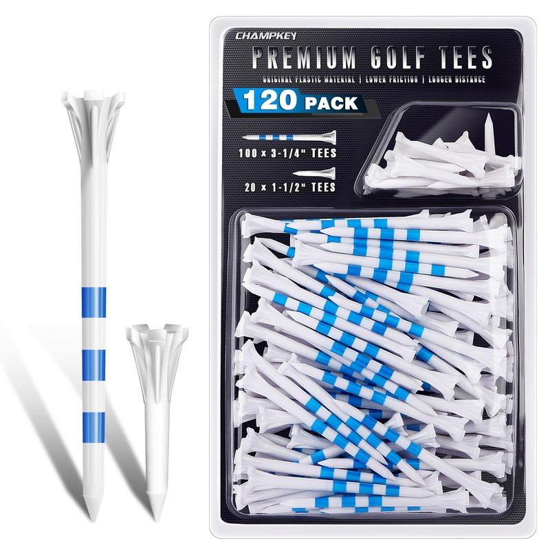 CHAMPKEY Advanced 5-Prong Plastic Golf Tees 120 or 100 Pack - 50% Ball Contact Surface Optimization with Longer Distance Performance Golf Tees Plastic(White-Assorted Pack,3-1/4"(120 Assorted Pack))