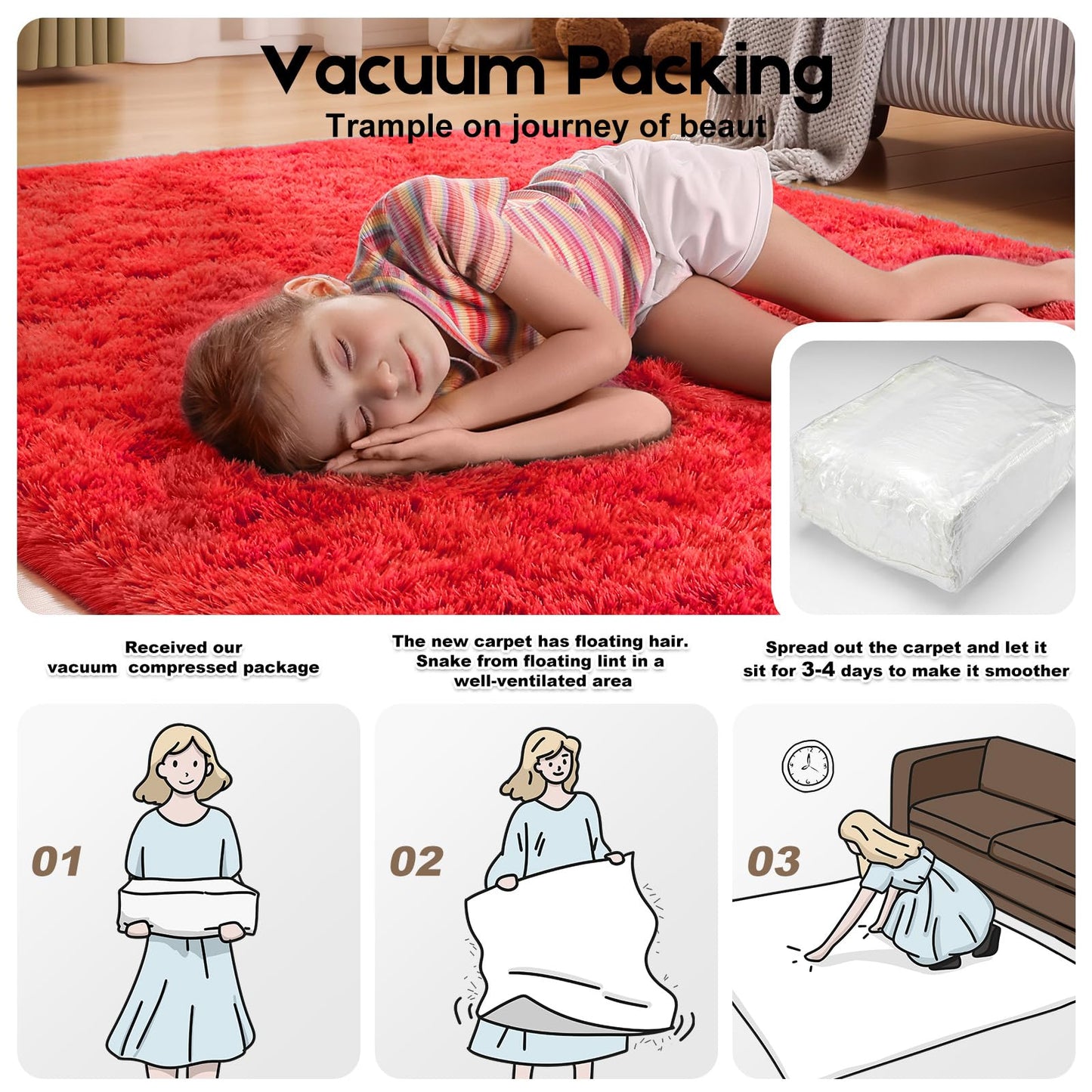 Mhyup 3x5 Red Rug for Bedroom Living Room, Fluffy Small Area Rug Soft Shag Non-Slip Carpet for Kids Boys and Girls Nursery Room Dorm Indoor Home Decor (3ft x 5ft, Red)