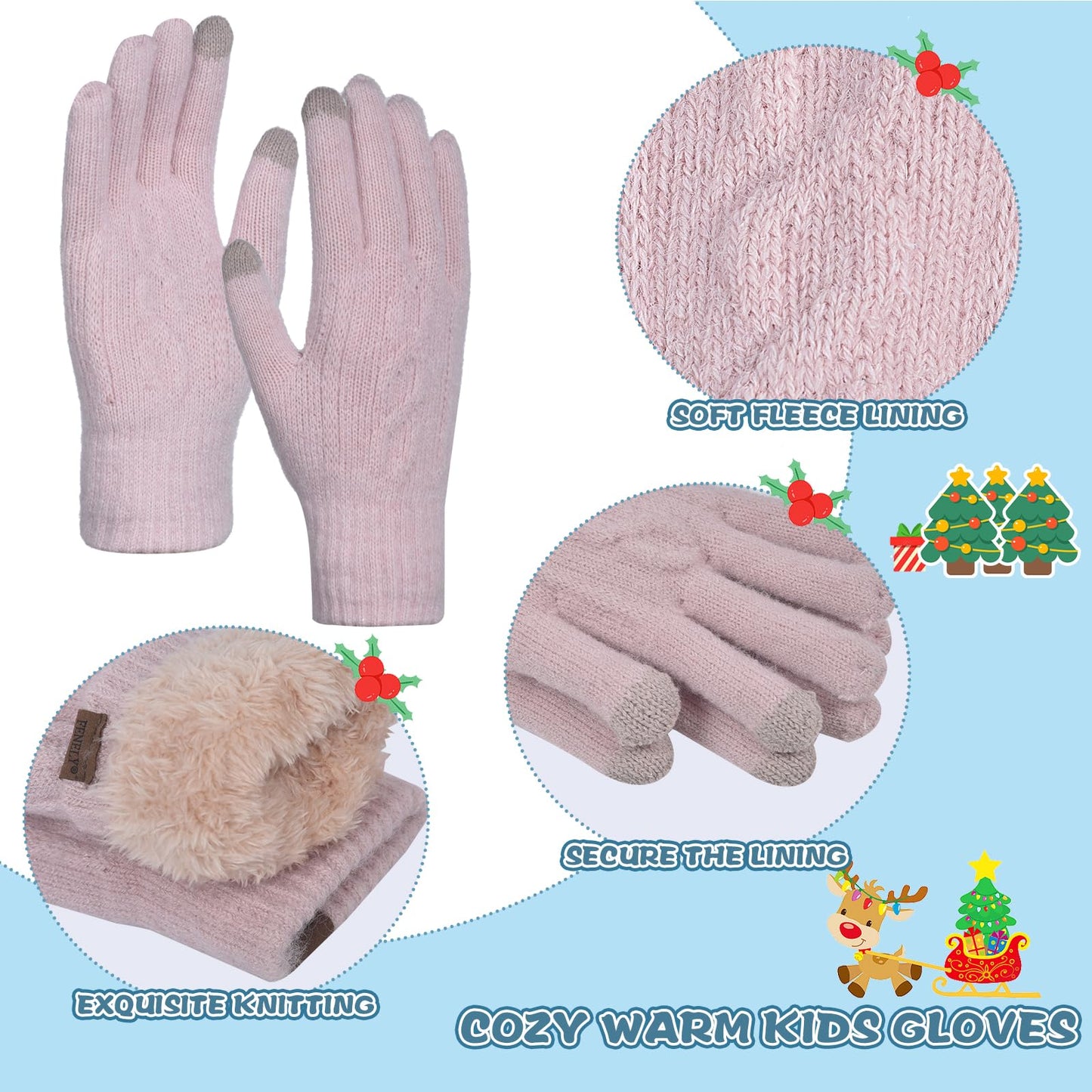Winter Hat Gloves Scarf Set for Kids Earflap Beanie with Cute Pom Knit Girls Children Baby Toddler Pink Warm Wool Fleece Lining 10 11 12 13 14 Years Old