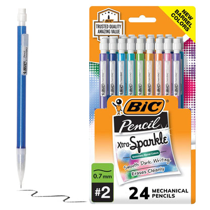BIC Xtra-Sparkle Number 2 Mechanical Pencils With Erasers, Medium Point (0.7mm), 24-Count Pack, Mechanical Pencils for School Supplies