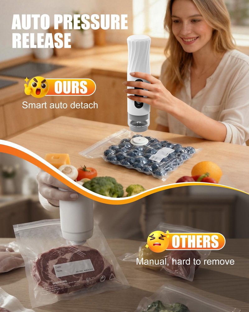RIWUSI Portable Vacuum Sealer for Food with Visible Water Tank, 60kPa Powerful Handheld Vacuum Sealer Machine, One-Touch Auto Seal & Pulse Mode for Delicate Foods, Includes 20 Reusable Bags