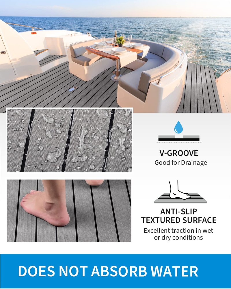 OCEANBROAD Self-Adhesive 48''x16.8'' Boat Flooring with 3M Adhesive Backing EVA Foam Boat Decking Faux Teak Marine Non-Slip Sheet for Jon Motor Boats Yacht Helm Pad Floor, Gray with Black Seam Lines